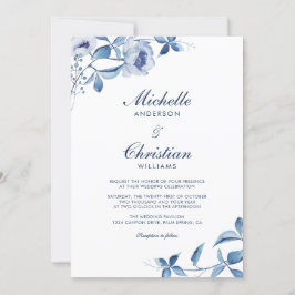 Blue Waterverf Floral Wedding Invitation Kaart