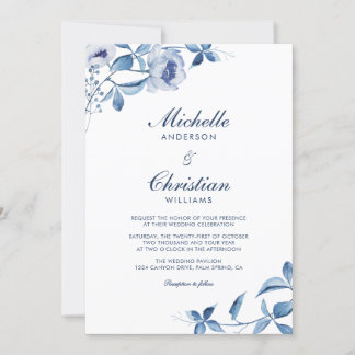 Blue Waterverf Floral Wedding Invitation Kaart