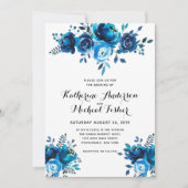 Blue Waterverf Floral Wedding Invitation Kaart (Voorkant)