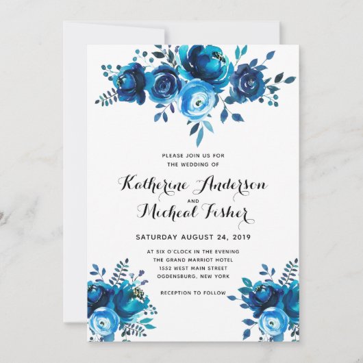 Blue Waterverf Floral Wedding Invitation Kaart (Voorkant)