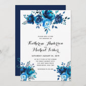 Blue Waterverf Floral Wedding Invitation Kaart (Voorkant / Achterkant)
