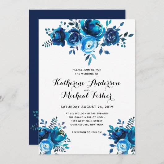 Blue Waterverf Floral Wedding Invitation Kaart (Voorkant / Achterkant)