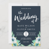 Blue Waterverf Floral Wedding Invitation Kaart (Voorkant)