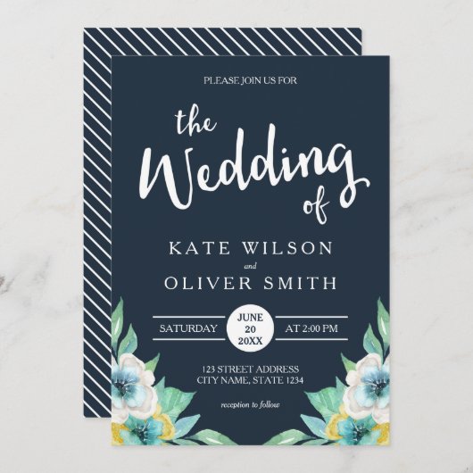 Blue Waterverf Floral Wedding Invitation Kaart (Voorkant / Achterkant)
