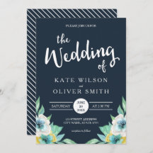 Blue Waterverf Floral Wedding Invitation