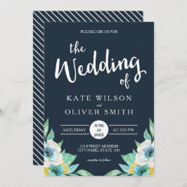 Blue Waterverf Floral Wedding Invitation Kaart