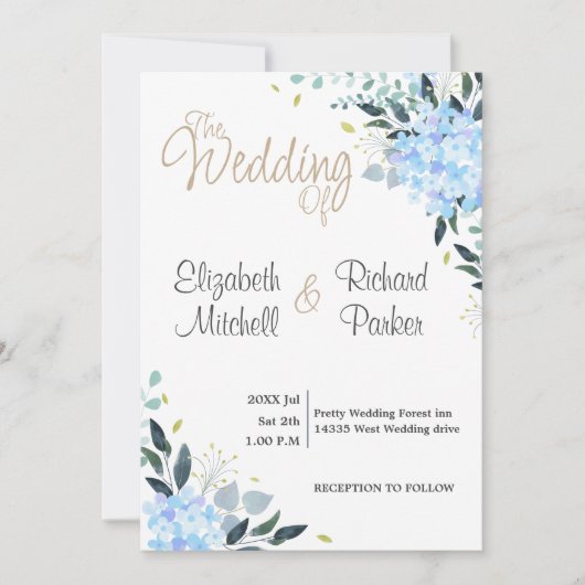 Blue waterverf floral Wedding Invitation Kaart (Voorkant)