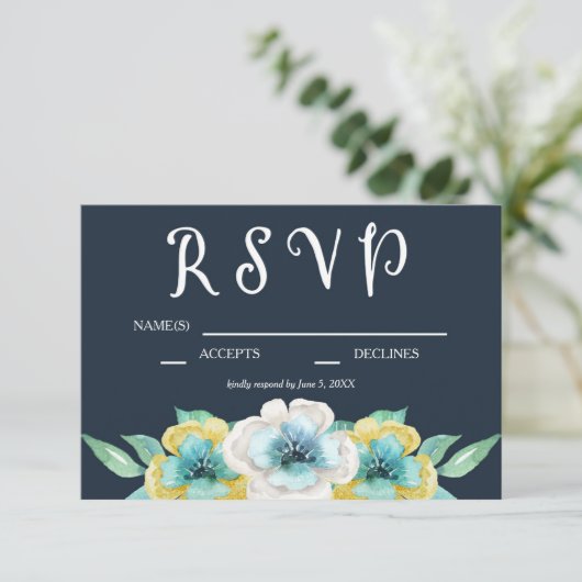 Blue Waterverf Floral Wedding RSVP (Staand voorkant)