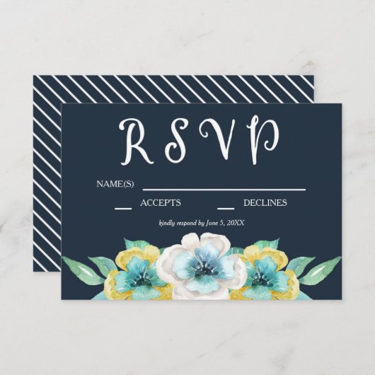Blue Waterverf Floral Wedding RSVP (Voorkant / Achterkant)