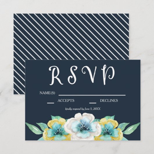 Blue Waterverf Floral Wedding RSVP Kaartje (Voorkant / Achterkant)