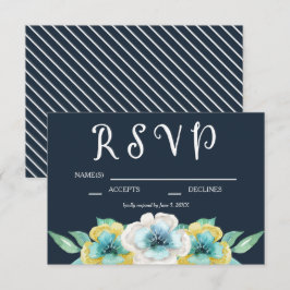Blue Waterverf Floral Wedding RSVP Kaartje