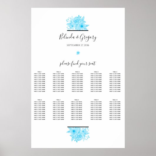 Blue Waterverf Floral Wedding Seating Chart Poster (Voorkant)