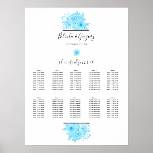 Blue Waterverf Floral Wedding Seating Chart Poster (Voorkant)