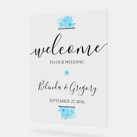 Blue Waterverf Floral Wedding Welcome Sign Acryl Bord (Hoek)
