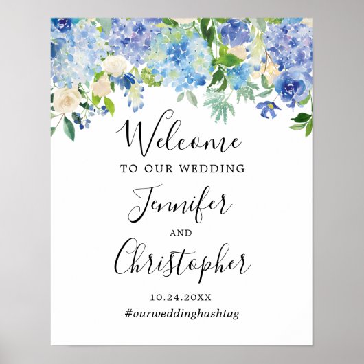 Blue Waterverf Floral Wedding Welcome Sign Poster (Voorkant)