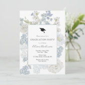 Blue Waterverf Flowers Afstudeerfeest Kaart (Staand voorkant)