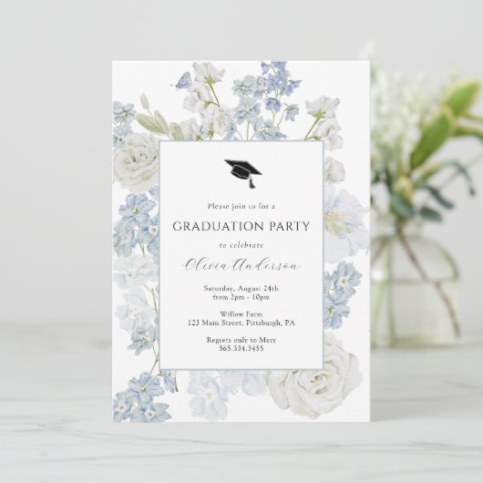 Blue Waterverf Flowers Afstudeerfeest Kaart (Staand voorkant)