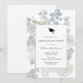 Blue Waterverf Flowers Afstudeerfeest Kaart (Voorkant / Achterkant)