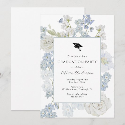 Blue Waterverf Flowers Afstudeerfeest Kaart (Voorkant / Achterkant)