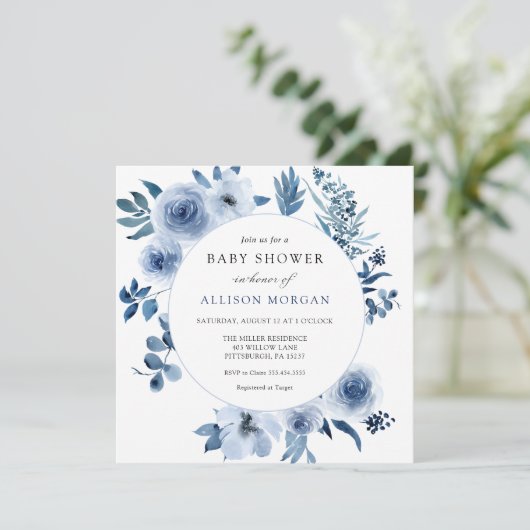 Blue Waterverf Flowers Baby shower Kaart (Staand voorkant)