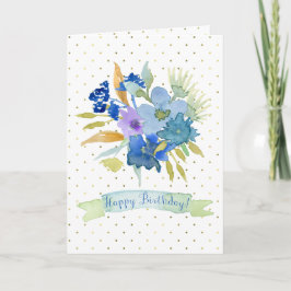 Blue Waterverf Flowers Birthday Card, Gold Stippen Kaart