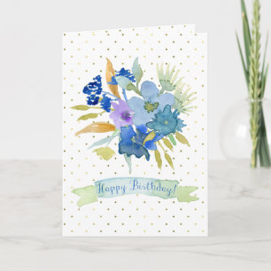 Blue Waterverf Flowers Birthday Card, Gold Stippen Kaart