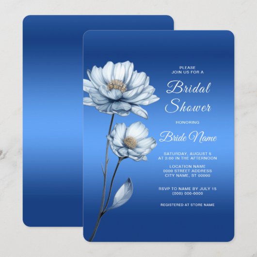 Blue Waterverf Flowers Bridal Shower Invitation Kaart (Voorkant / Achterkant)