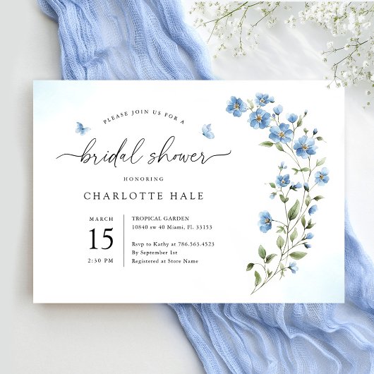 Blue Waterverf Flowers Bridal Shower Invitation Kaart