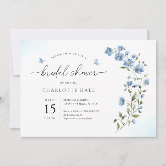Blue Waterverf Flowers Bridal Shower Invitation Kaart (Voorkant)