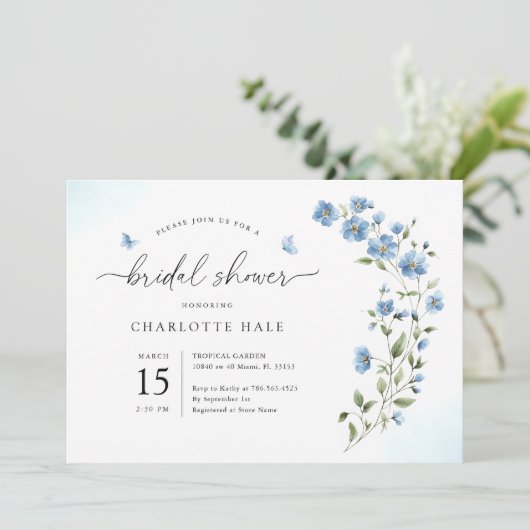 Blue Waterverf Flowers Bridal Shower Invitation Kaart (Staand voorkant)