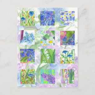 Blue Waterverf Flowers Collage Art Lila Daisy Briefkaart