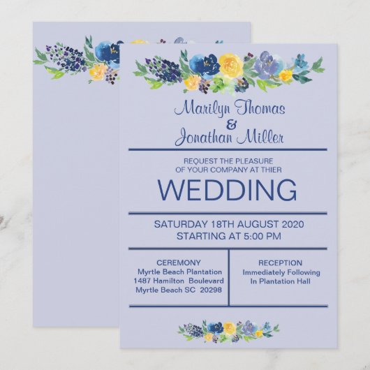 Blue Waterverf Flowers Wedding Invitation Kaart (Voorkant / Achterkant)
