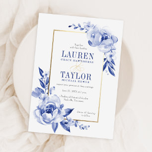 Blue Waterverf Flowers Wedding Invitation Kaart