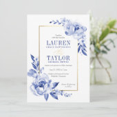 Blue Waterverf Flowers Wedding Invitation Kaart (Staand voorkant)