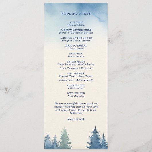 Blue Waterverf Forest moderne natuur bruiloft Programmakaart (Achterkant)