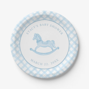 Blue Waterverf Gingham Rocking Horse Baby shower Papieren Bordje