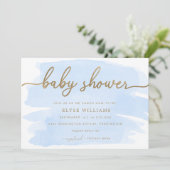 Blue Waterverf Gold Baby shower Invitation Kaart (Staand voorkant)