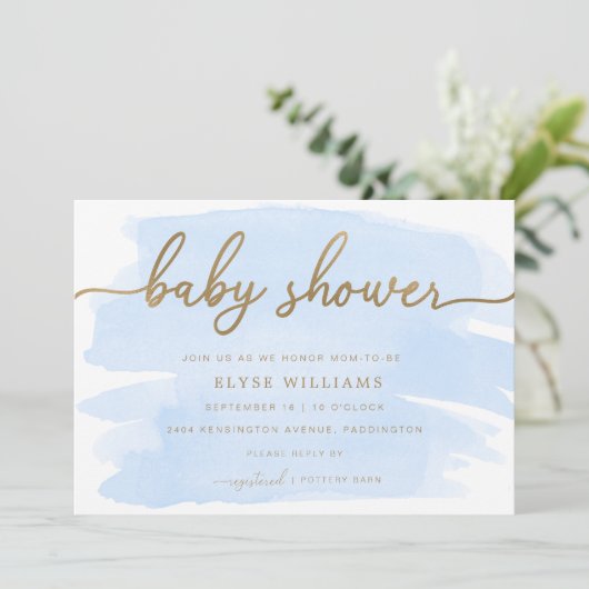 Blue Waterverf Gold Baby shower Invitation Kaart (Staand voorkant)