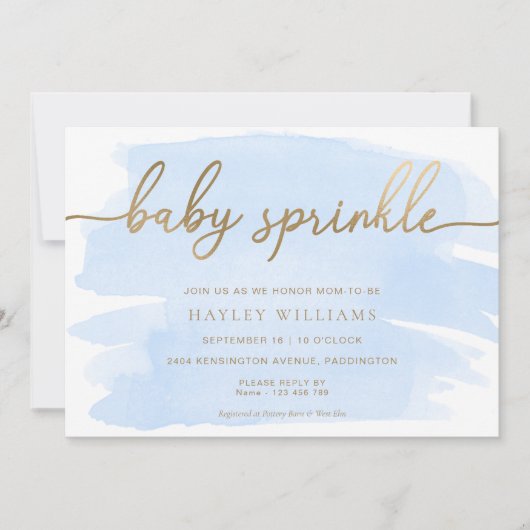 Blue Waterverf Gold Baby Sprinkle Invitation Kaart (Voorkant)