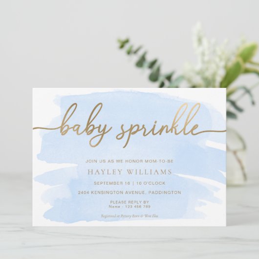 Blue Waterverf Gold Baby Sprinkle Invitation Kaart (Staand voorkant)