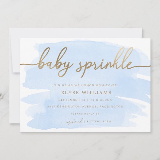 Blue Waterverf Gold Baby Sprinkle Invitation Kaart (Voorkant)