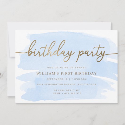 Blue Waterverf Gold Birthday Party Invitation Kaart (Voorkant)
