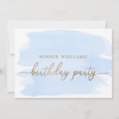 Blue Waterverf Gold Birthday Party Invitation Kaart (Achterkant)