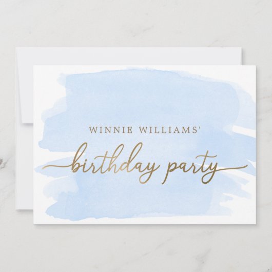 Blue Waterverf Gold Birthday Party Invitation Kaart (Achterkant)