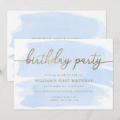 Blue Waterverf Gold Birthday Party Invitation Kaart (Voorkant / Achterkant)