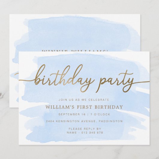 Blue Waterverf Gold Birthday Party Invitation Kaart (Voorkant / Achterkant)