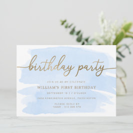 Blue Waterverf Gold Birthday Party Invitation Kaart