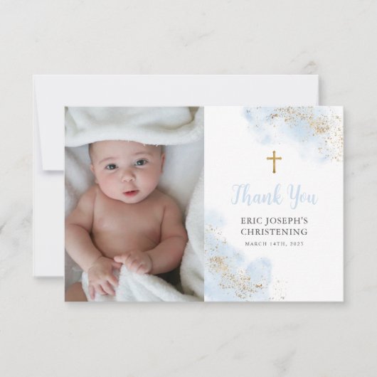 Blue Waterverf Gold Boy Christening Baptism Foto Bedankkaart (Voorkant)