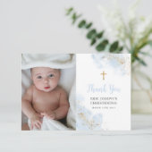 Blue Waterverf Gold Boy Christening Baptism Foto Bedankkaart (Staand voorkant)