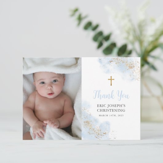 Blue Waterverf Gold Boy Christening Baptism Foto Bedankkaart (Staand voorkant)